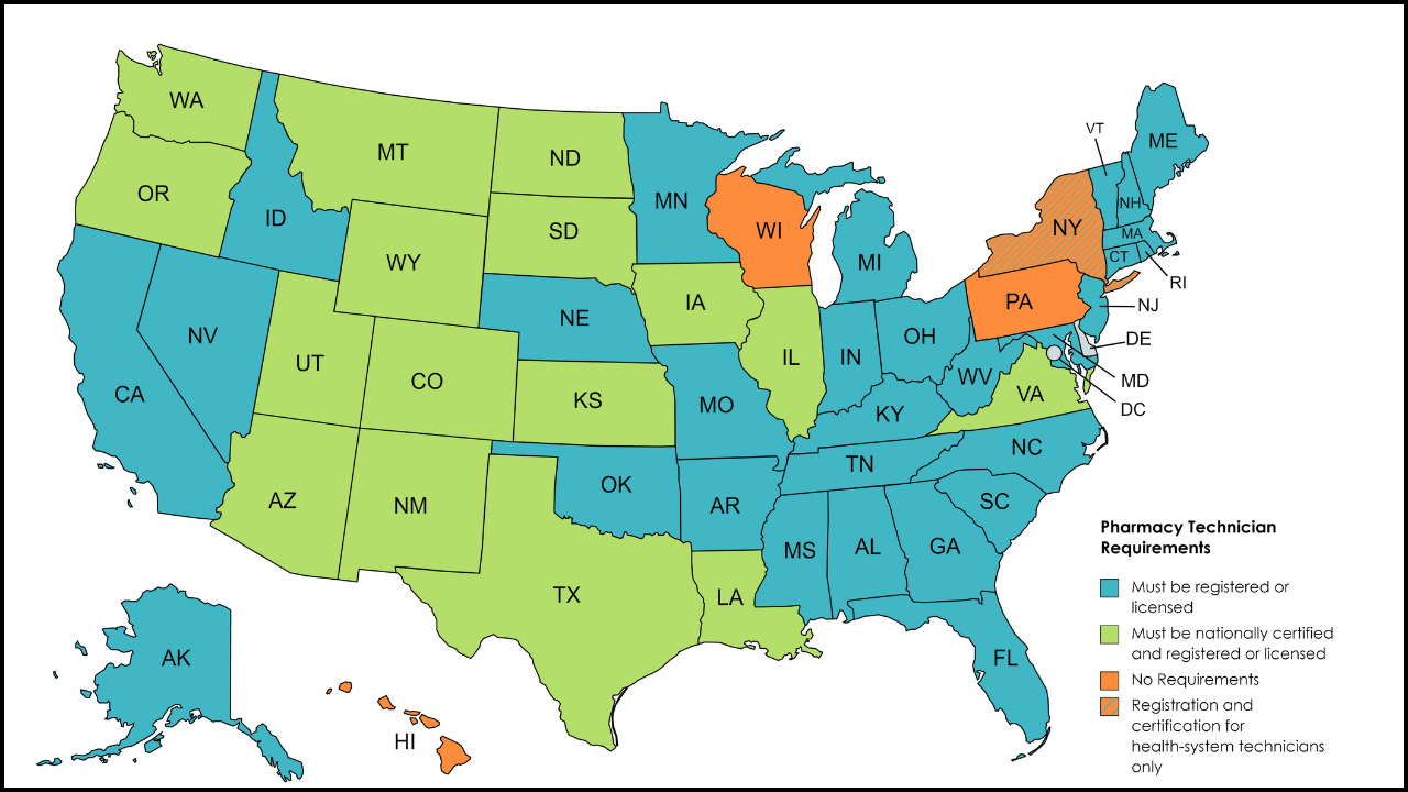 Pharmacy Technician Requirements by State Map